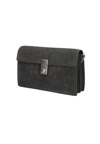 Borsa a tracolla in suede grigio con chiusura a patta, forma rettangolare e dettaglio in metallo. Superficie testurizzata e profilo slim.