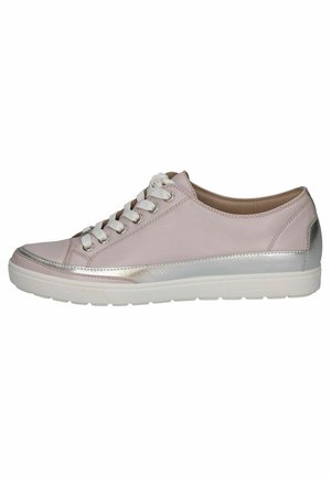 Light pink leather sneaker with silver accents, flat white sole, lace-up design, and smooth texture. No visible patterns or logos.