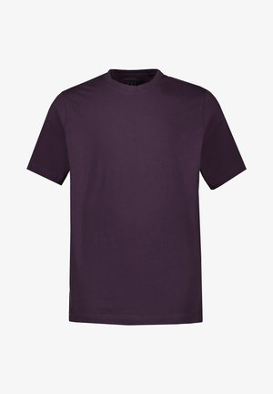 T-shirt di cotone viola con maniche corte, scollatura rotonda e taglio dritto. Presenta cuciture minime e nessun motivo o grafica.