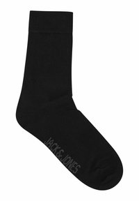Schwarze Baumwollsocke mit ribbelndem Bund und glatter Textur. Mit "JACK & JONES"-Logo in Grau seitlich. Knöchelhöhe Design.