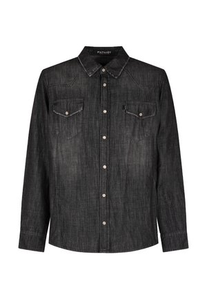 Chemise en denim noir à manches longues avec fermeture boutonnée sur le devant, deux poches poitrine boutonnées et un col classique.