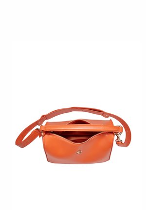 Orange leather handbag with a curved design, featuring a zippered top and an adjustable strap. Smooth texture and minimal hardware.