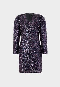 Μίνι φόρεμα με μακριά μανίκια, V-λαιμόκοψη και εφαρμοστή σιλουέτα, καλυμμένο με μοβ και μαύρες πούλιες με υφή στην επιφάνεια.