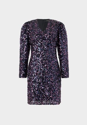 Mini kleit pikkade varrukate, V-kaelusega ja vormitud lõikega, kaetud lilla ja mustade litritega, millel on tekstuuriline pind.