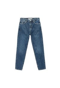 Jeans de mezclilla azul con una cintura alta, diseño de pierna recta y cinco bolsillos. Presenta detalles de costura y un cierre de botón en la parte delantera.