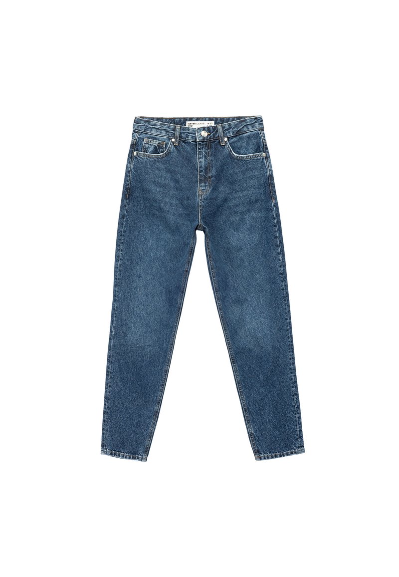 Jeans de mezclilla azul con una cintura alta, diseño de pierna recta y cinco bolsillos. Presenta detalles de costura y un cierre de botón en la parte delantera.