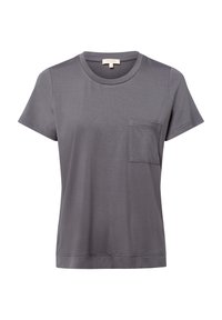 Szara krótki rękaw t-shirt, okrągły dekolt, z małą kieszonką na piersi. Wykonana z lekkiego materiału o gładkiej teksturze. Minimalistyczny design.