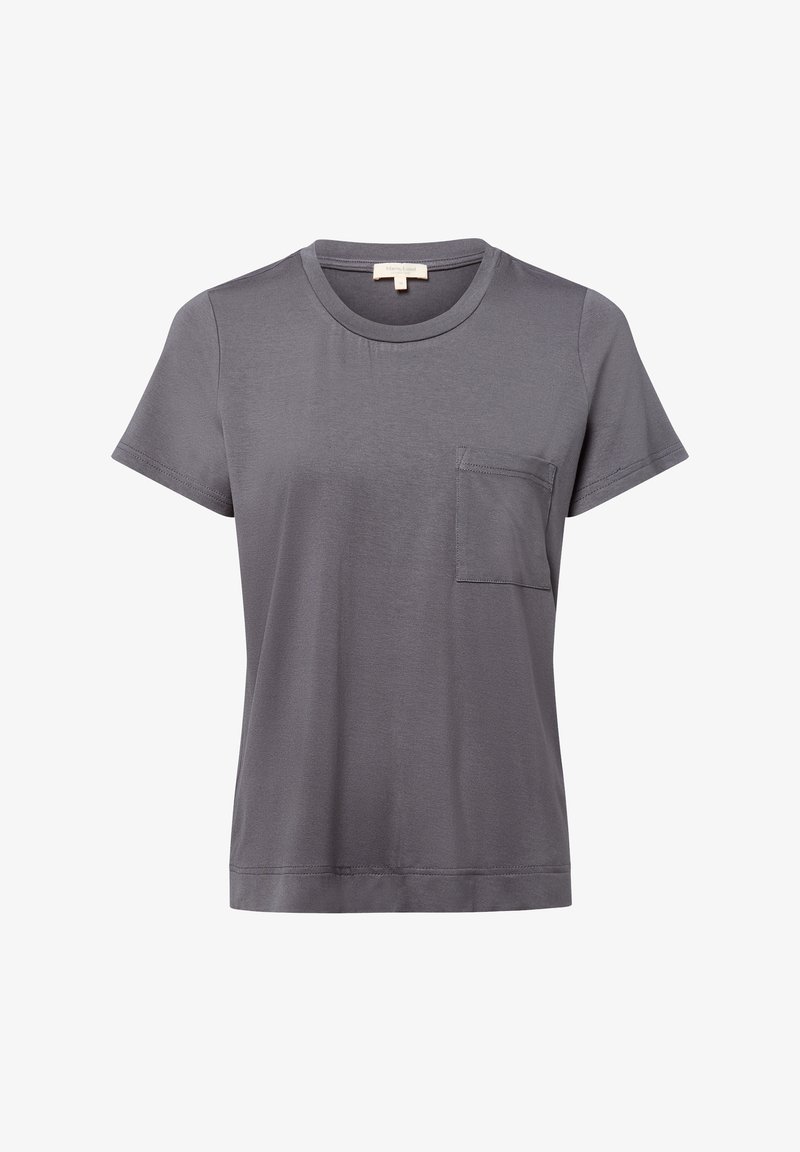Szara krótki rękaw t-shirt, okrągły dekolt, z małą kieszonką na piersi. Wykonana z lekkiego materiału o gładkiej teksturze. Minimalistyczny design.