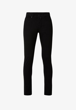 Black slim-fit jeans with front pockets, belt loops, and button closure, shown against a white background.