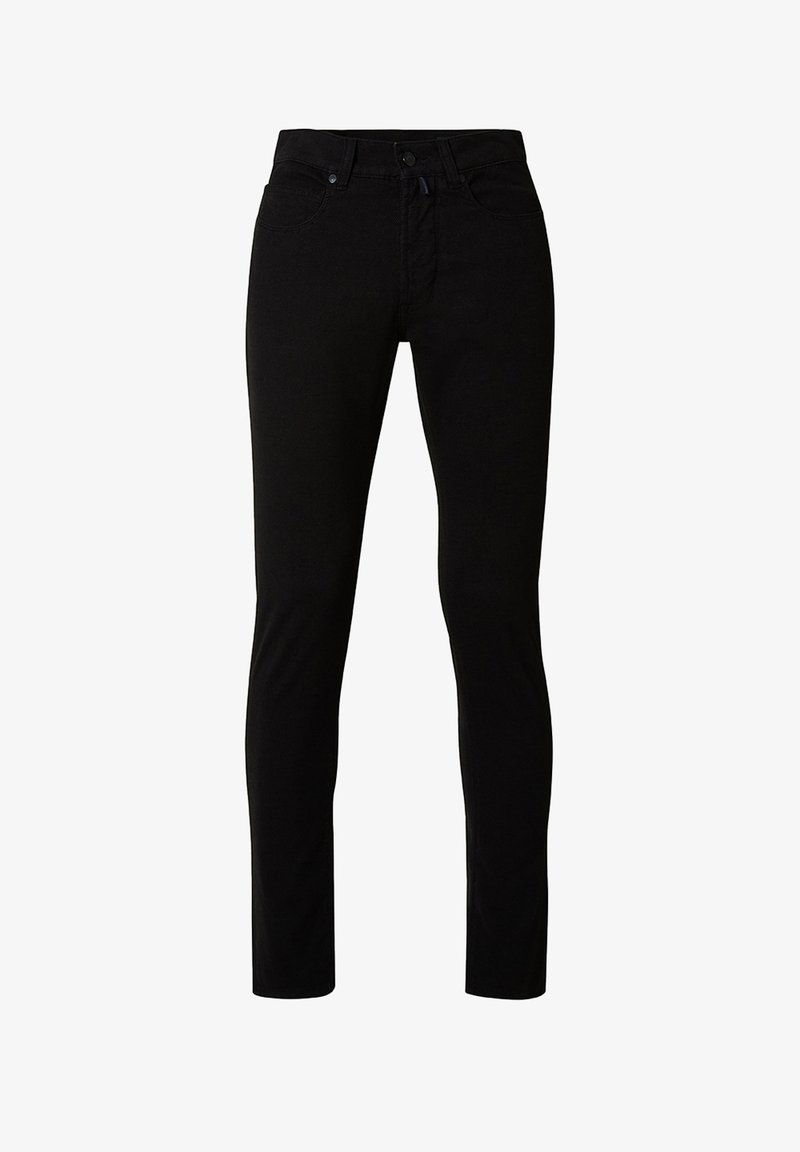 Schwarze Slim-Fit-Jeans mit Fronttaschen, Gürtelschlaufen und Knopfverschluss, vor einem weißen Hintergrund abgebildet.