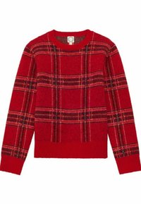 Pull en laine rouge avec un motif écossais et des accents noir et blanc, col rond, poignets côtelés et coupe décontractée.