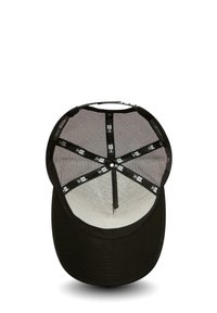 Black cap with a structured design, featuring mesh inner lining, a curved brim, and an adjustable strap for fit.