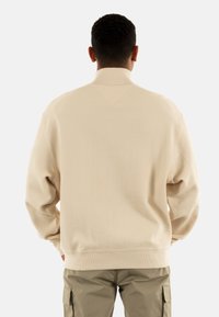 Pull beige côtelé avec un col montant, coupe décontractée, tissu texturé et poignets côtelés. Porté sur un pantalon cargo olive.