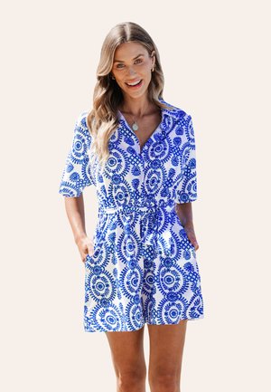 Cupshe BELTED ORNATE PRINT ROMPER - Jumpsuit - blue white