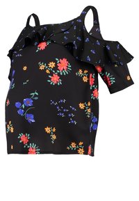 Schwarzes Rüschenoberteil mit Cold-Shoulder-Design, das ein florales Muster in Rot, Orange und Blau mit grünen Akzenten zeigt. Weiche Stofftextur.