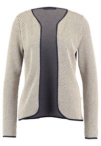 Cardigan beige et marine avec un motif en nid d'abeille texturé, design à ouverture frontale et bordure contrastante le long des bords et des manches.
