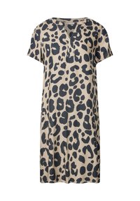 Robe à imprimé léopard en beige et bleu marine foncé, à manches courtes, décolleté en V, coupe ample, tissu doux, longueur au genou. Pas de fermetures ni de détails supplémentaires.