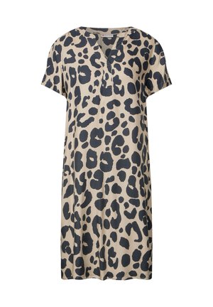 Leopard print dress in beige and dark navy, short sleeves, V-neckline, loose fit, soft fabric, knee-length. No fasteners or additional details.