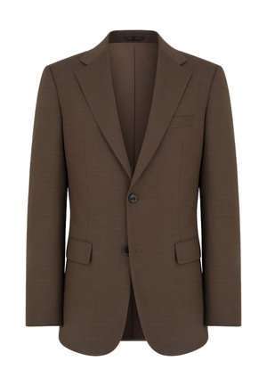 Brązowa, męska marynarka szyta na miarę z klapami wyciętymi na prostokąt, dwoma przednimi guzikami i kieszeniami z patkami.