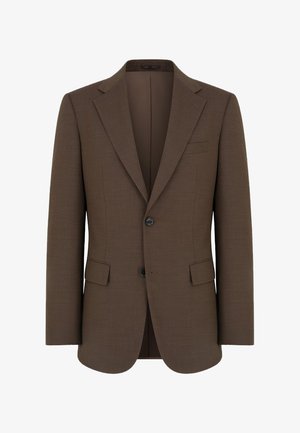 Brązowa, męska marynarka szyta na miarę z klapami wyciętymi na prostokąt, dwoma przednimi guzikami i kieszeniami z patkami.