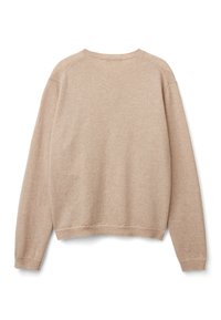 Pull beige avec un col rond, des manches longues et un ourlet côtelé. Texture douce avec un design simple et sans motifs ni éléments en métal visibles.