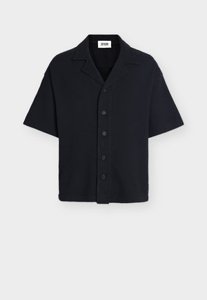 Black short-sleeve button-up shirt with a notched collar, textured fabric, and a relaxed fit.