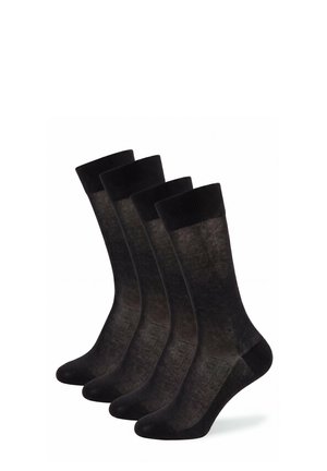 Vier paar semi-transparante zwarte sneakersokken met verstevigde hiel en teen, rechtopstaand afgebeeld tegen een witte achtergrond.