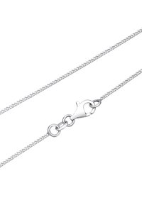 Collana in catena d'argento con chiusura a moschettone su sfondo bianco, che mostra dettagliati anelli e il meccanismo di collegamento.