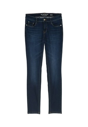 Jeans skinny azul oscuro de denim, con un diseño clásico de cinco bolsillos, un ligero desgaste y costuras en naranja a contraste.