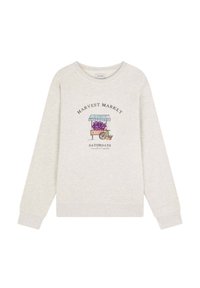 Sudadera de color gris claro con un carrito de mercado impreso que lleva uvas moradas y una planta verde, cuello redondo y mangas largas.