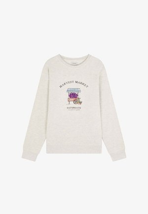 Light grey sweatshirt featuring a printed market cart with purple grapes and a green plant, round neckline, and long sleeves.