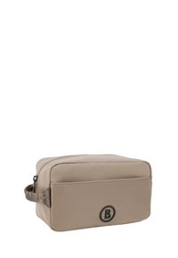 Borsa cosmetica beige con forma rettangolare, dotata di chiusura a zip e tasca anteriore, realizzata in materiale testurizzato con un accento di logo.