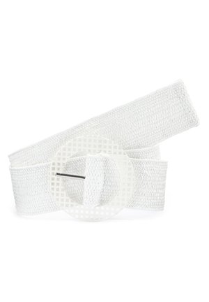 Weißer, strukturierter gewebter Gürtel mit einer runden Schnalle im Gittermuster und einem silbernen Dornverschluss.