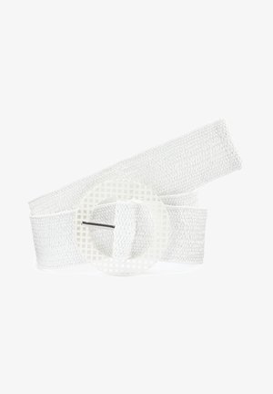 Weißer, strukturierter gewebter Gürtel mit einer runden Schnalle im Gittermuster und einem silbernen Dornverschluss.