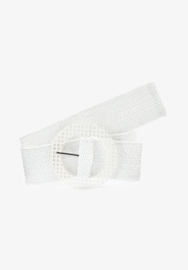 White textured woven belt with a round, lattice-patterned buckle and a silver pin closure.