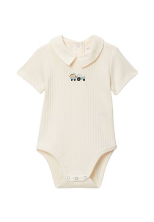 Body bébé crème côtelé à manches courtes, col Claudine, boutons-pression à l'entrejambe et petite illustration de tracteur sur la poitrine.