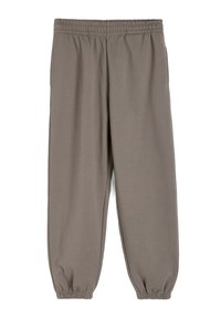 Szare dresy z miękką teksturą, elastycznym paskiem w talii i elastycznymi mankietami na kostkach. Posiada boczne kieszenie i luźny krój.