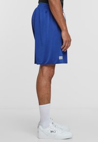 Blå mesh-shorts med elastisk midjebånd og en logo-lapp. Brukt med hvite sneakers og ankelsokker. Sidelengde viser lengde og passform.