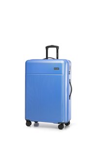 Blue hardshell suitcase with vertical ribbed texture, extendable black handle, and four swivel wheels for easy mobility.