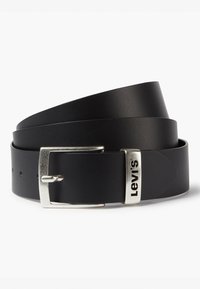 Black leather belt with a silver metal buckle, featuring a prominent Levi's logo and smooth texture, rolled in a loop.