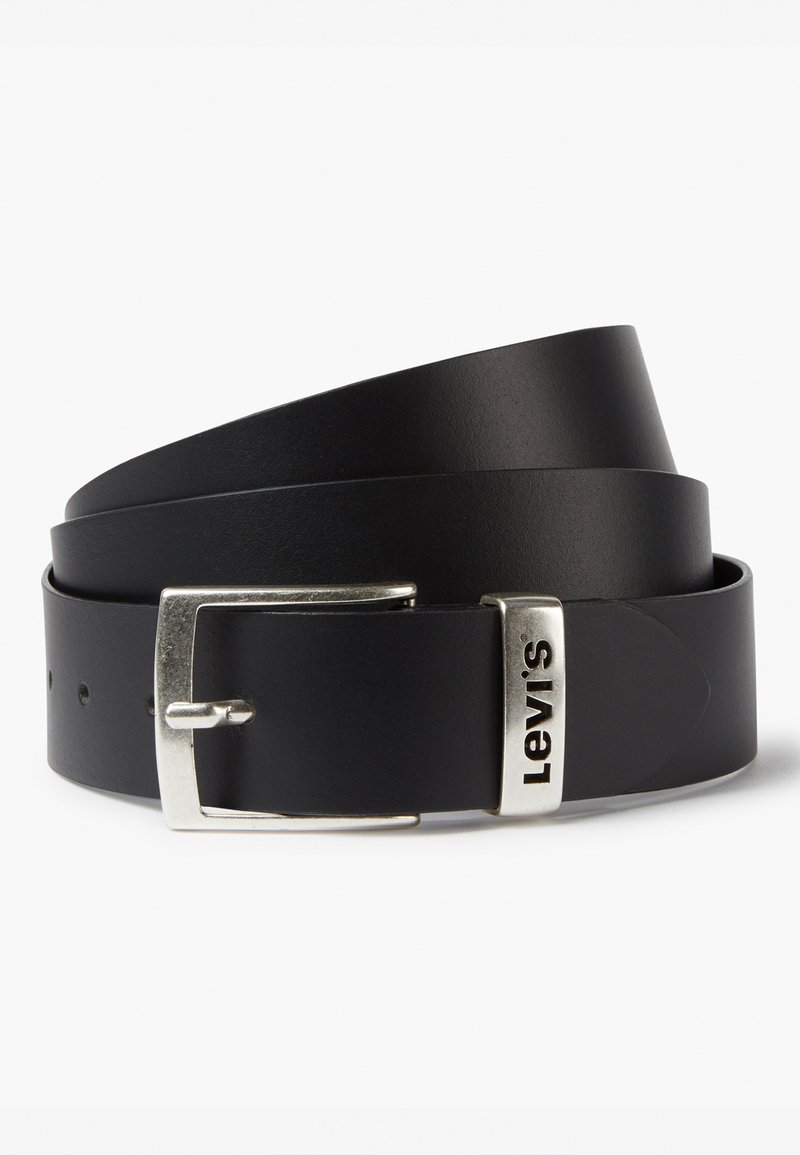 Black leather belt with a silver metal buckle, featuring a prominent Levi's logo and smooth texture, rolled in a loop.