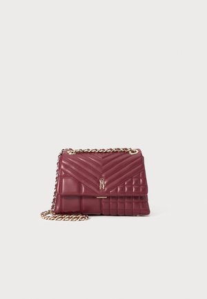 Burgundy leather shoulder bag featuring quilted design, chevron pattern, gold-tone chain strap, and a logo detail on the front.