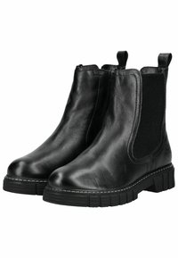 Botines de cuero negro con paneles laterales elásticos y tiradores; suela de goma texturizada con un tacón cuadrado y detalles de costura en contraste.