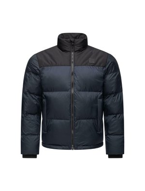Puffer jacket with a navy blue body and black upper panel, zip closure, high collar, and elastic cuffs. Textured, insulated fabric.