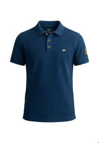 Marineblauwe polo gemaakt van katoen, met een drieknopenlijst, korte mouwen en een gouden berenlogo op de borst.