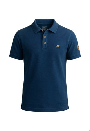 Marineblaue Poloshirt aus Baumwolle, mit einer Knopfleiste mit drei Knöpfen, kurzen Ärmeln und einem goldenen Bärenlogo auf der Brust.