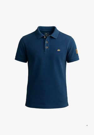Marineblaue Poloshirt aus Baumwolle, mit einer Knopfleiste mit drei Knöpfen, kurzen Ärmeln und einem goldenen Bärenlogo auf der Brust.