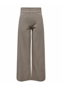 Wijduitlopende broek van een zachte, taupe stof. Kenmerkt zich door een hoge elastische tailleband en twee zijzakken. Zachte textuur met nette naden.