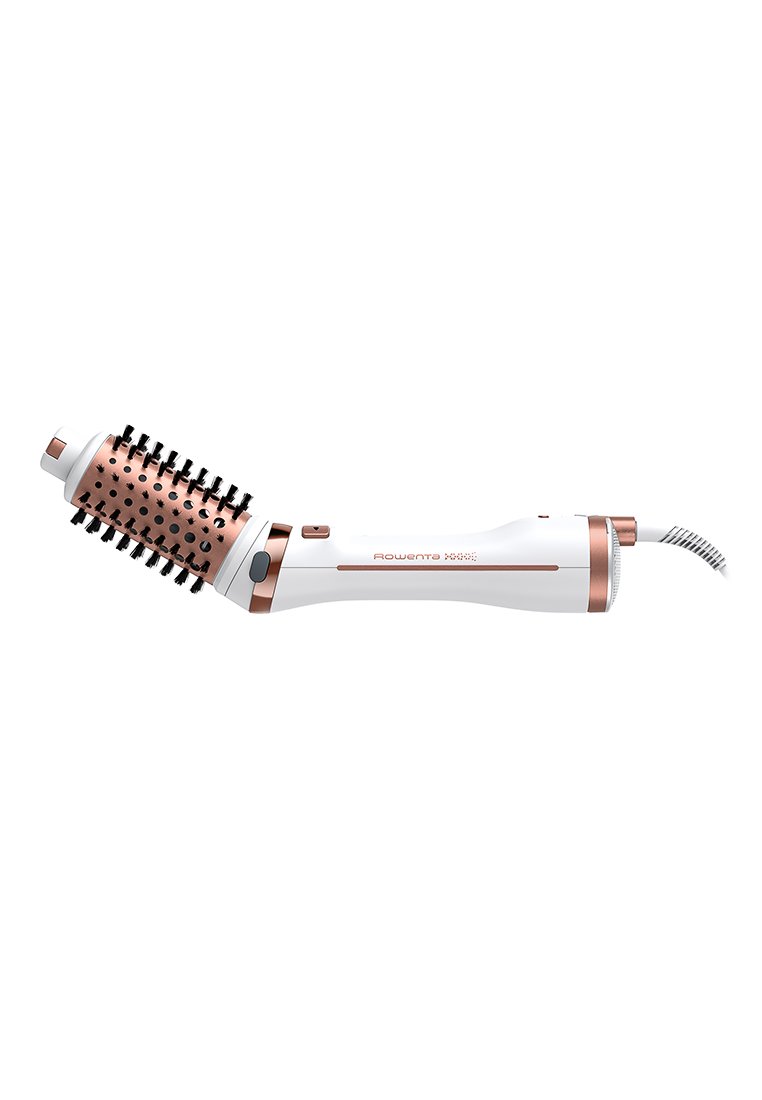 Outil de coiffure rotatif avec un corps blanc, des accents en or rose et un baril cylindrique doté de poils noirs et de trous de ventilation.