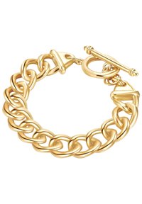 Pulsera de cadena de oro con eslabones redondeados, un cierre de tope y un acabado pulido. Los eslabones son sustanciales e interconectados, realzando el brillo.